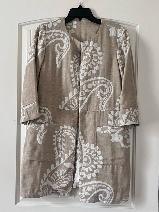 Chico's Jackets & Blazers - Chico's Womens 1 Floral Jacquard Tan White Linen Cotton Boho Open Jacket Duster